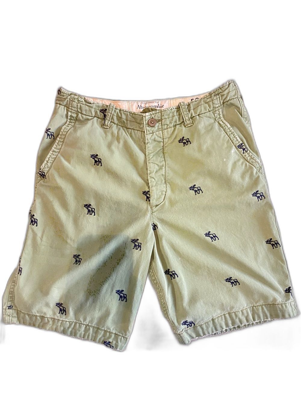 VINTAGE Y2K Abercrombie & Fitch Mens 36 Olive Green Moose Logo Distressed Shorts